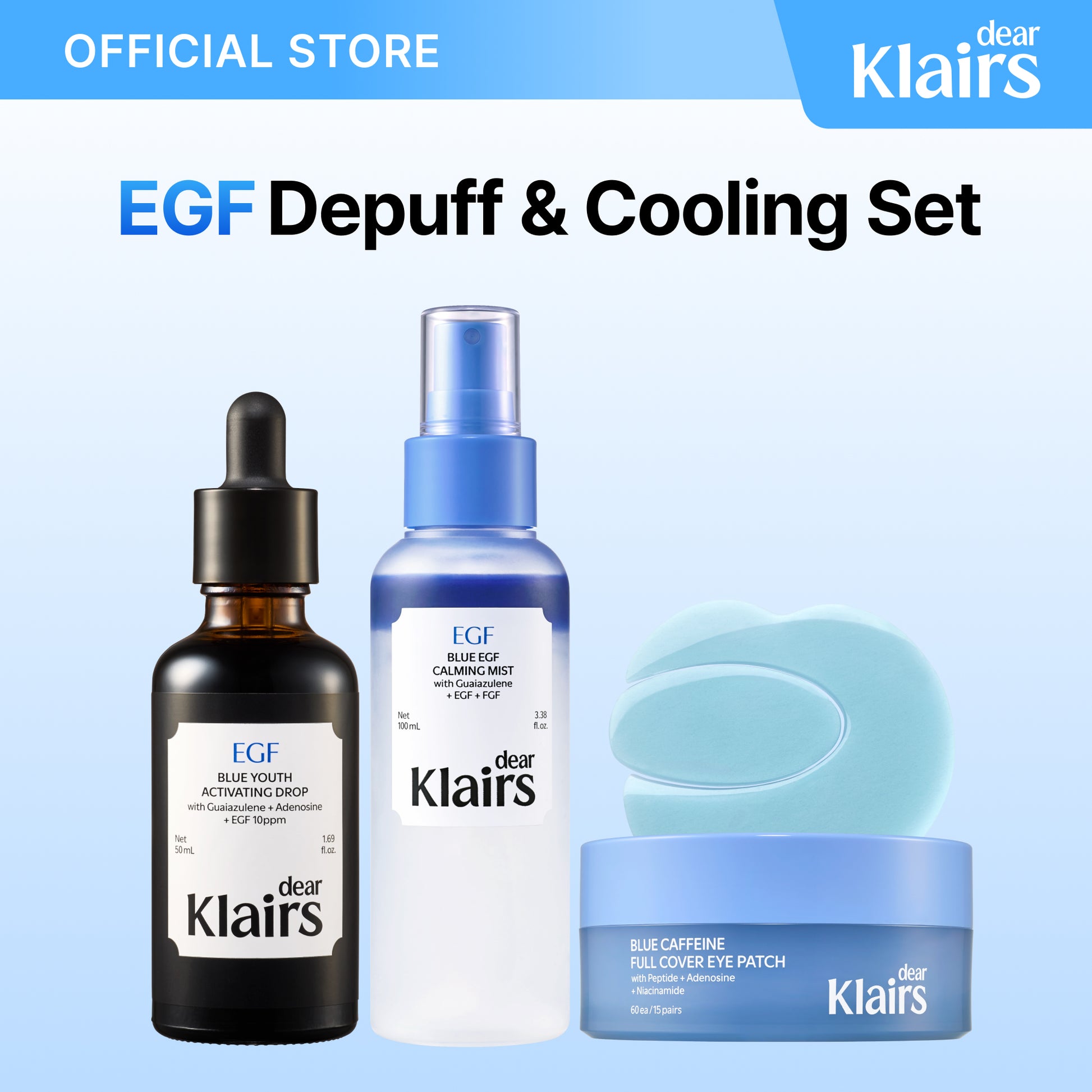 Klairs EGF Depuff and Cooling Set bundle with Blue Drop, Blue EGF Calming Mist, and Blue Caffeine Full Cover Eye Patch