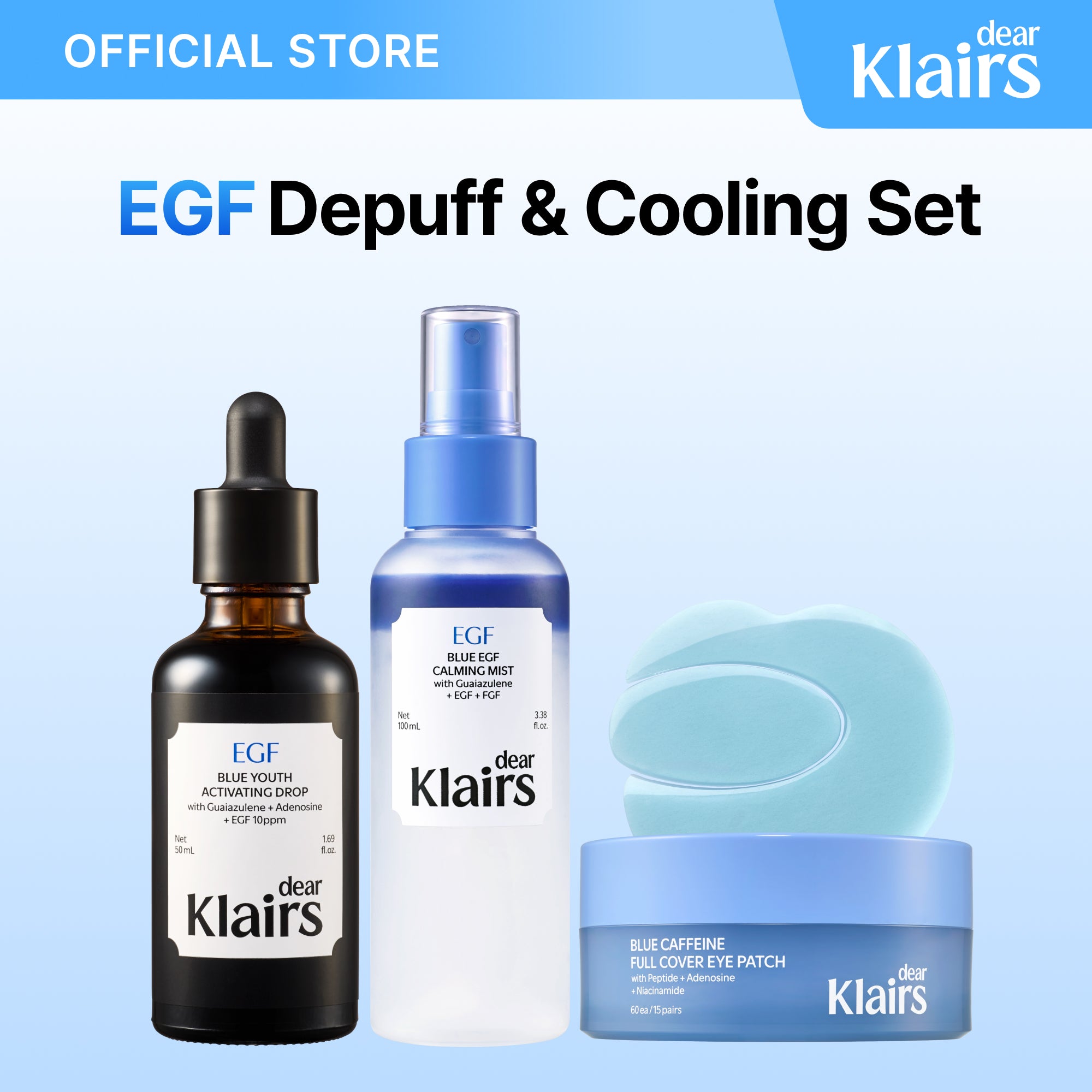 Klairs EGF Depuff and Cooling Set bundle with Blue Drop, Blue EGF Calming Mist, and Blue Caffeine Full Cover Eye Patch