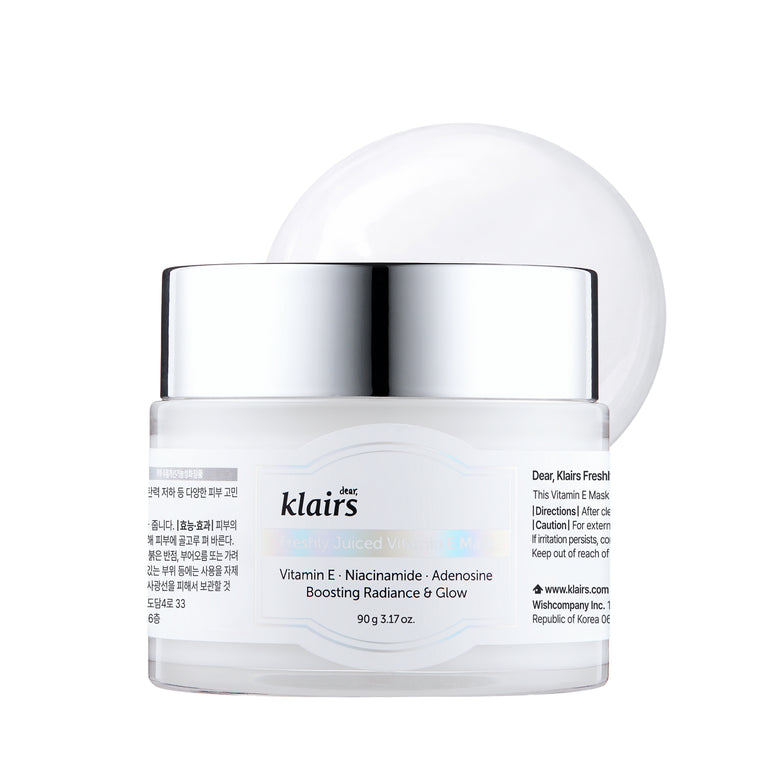 Klairs Freshly Juiced Vitamin E Mask 90 g jar with silver lid and white dome texture on a white background
