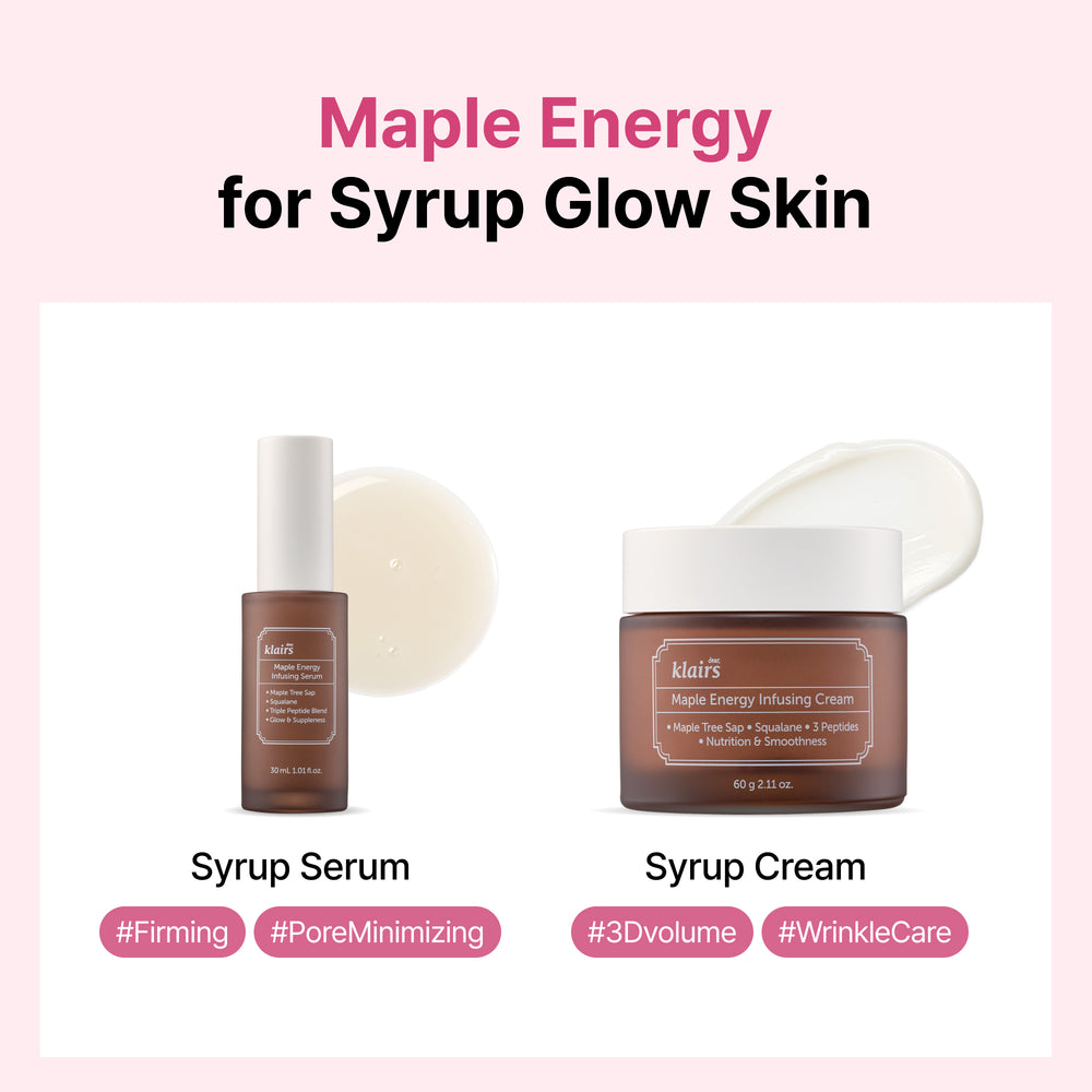 Official Klairs Maple Energy line graphic showing syrup serum and syrup cream