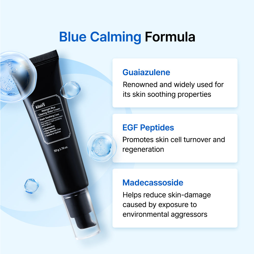 Midnight Blue Clearing Water Cream Blue Calming Formula graphic with guaiazulene EGF peptides and madecassoside
