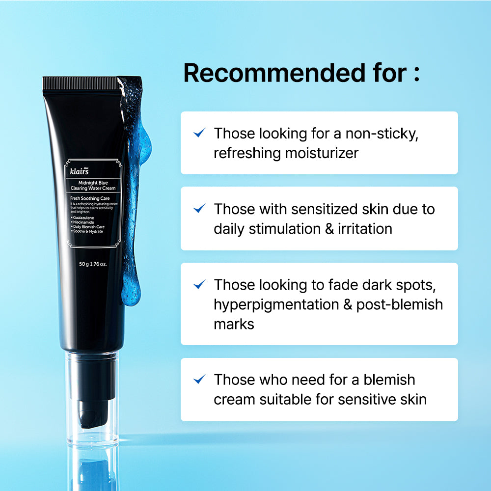 Midnight Blue Clearing Water Cream recommended for non-sticky moisturizer sensitive skin and post-blemish marks graphic