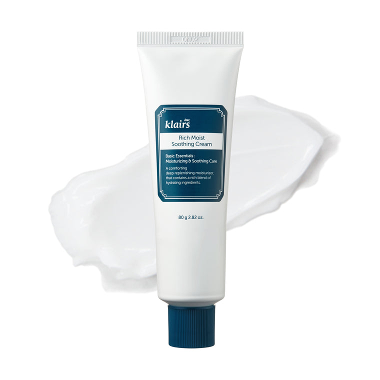 Klairs Rich Moist Soothing Cream tube standing with a white cream swipe on a clean white background