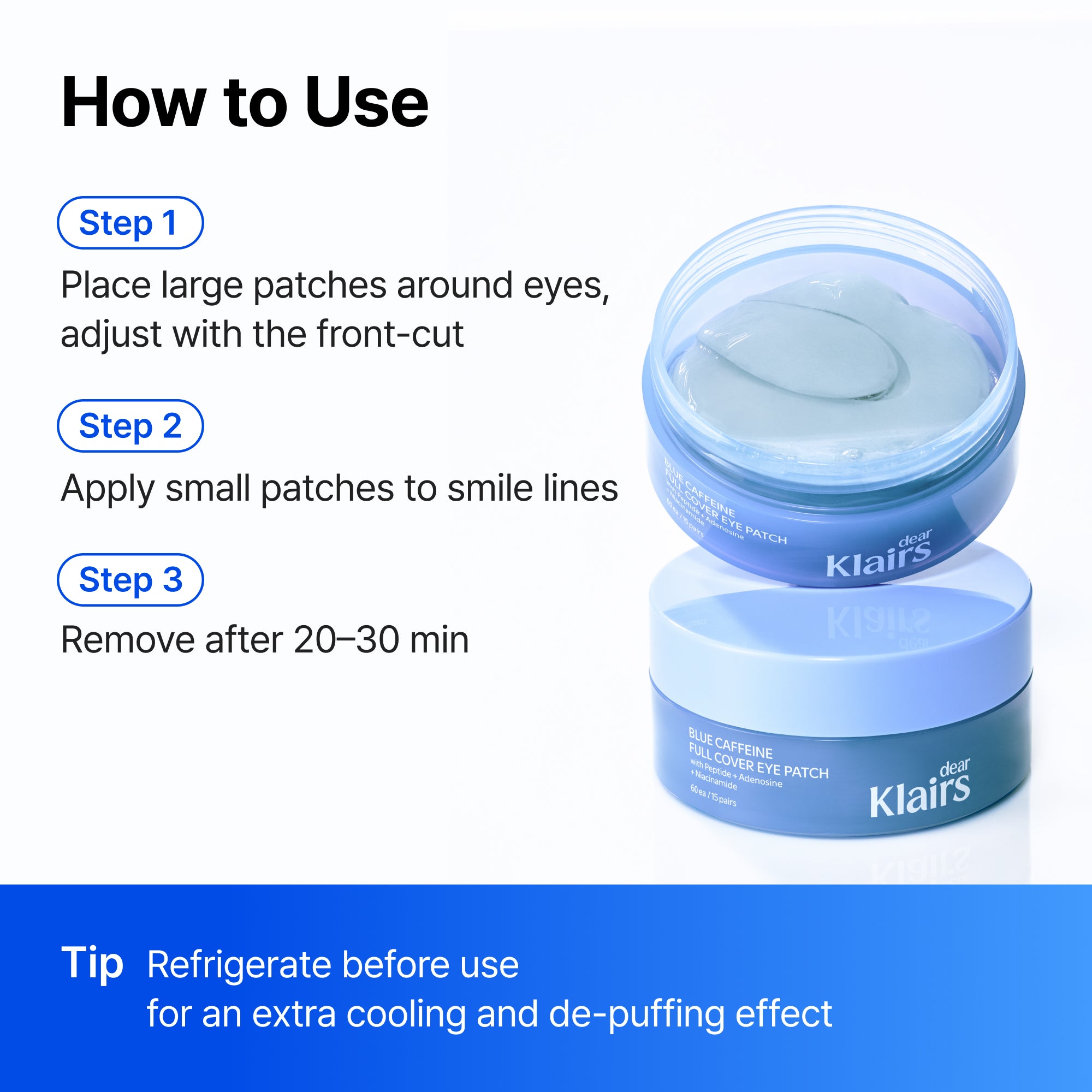 Klairs Blue Caffeine Full Cover Eye Patch official product image and usage graphic