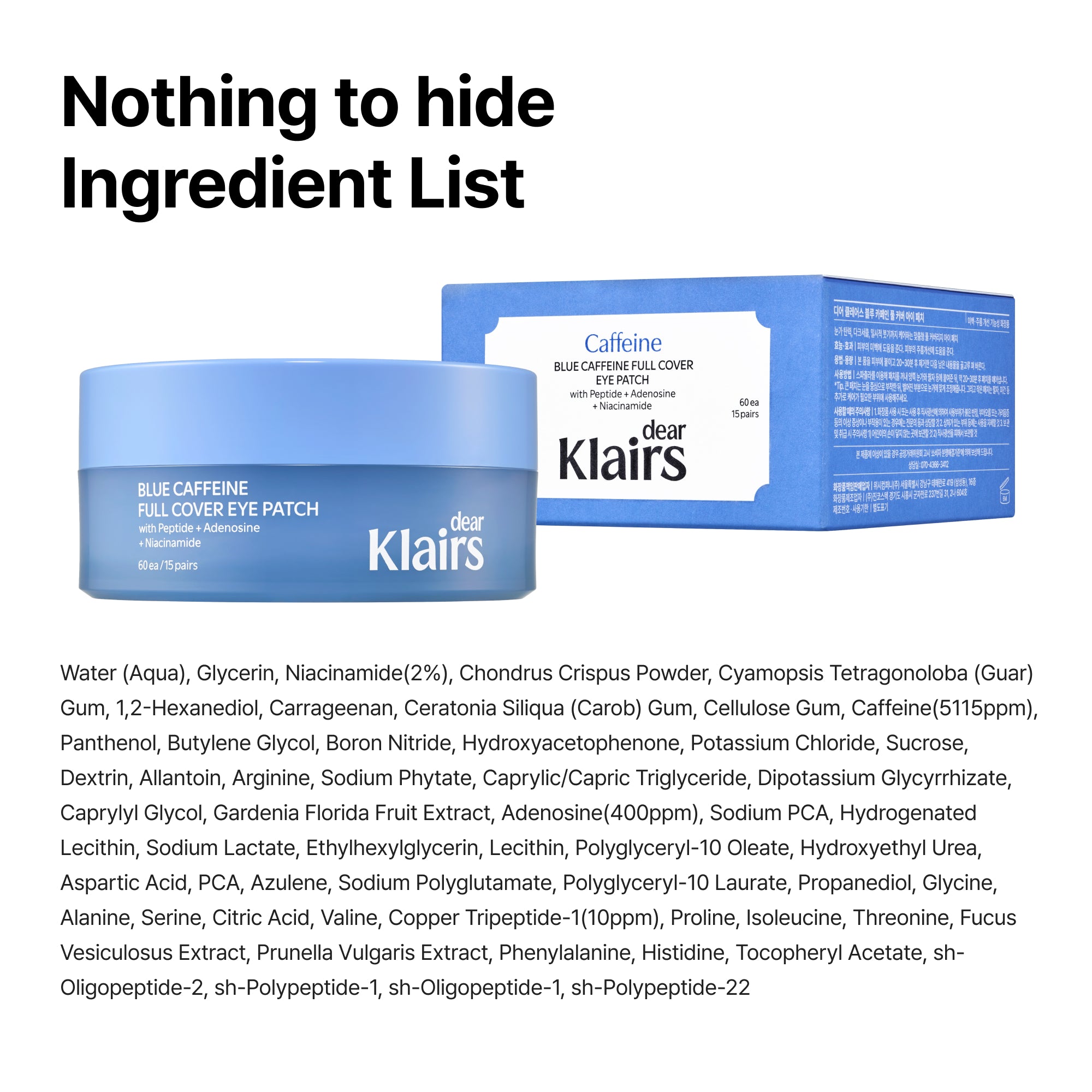 Klairs Blue Caffeine Full Cover Eye Patch official product image and usage graphic