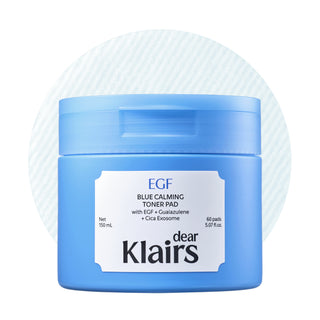 Klairs EGF Blue Calming Toner Pad tub and blue toner pad product packaging