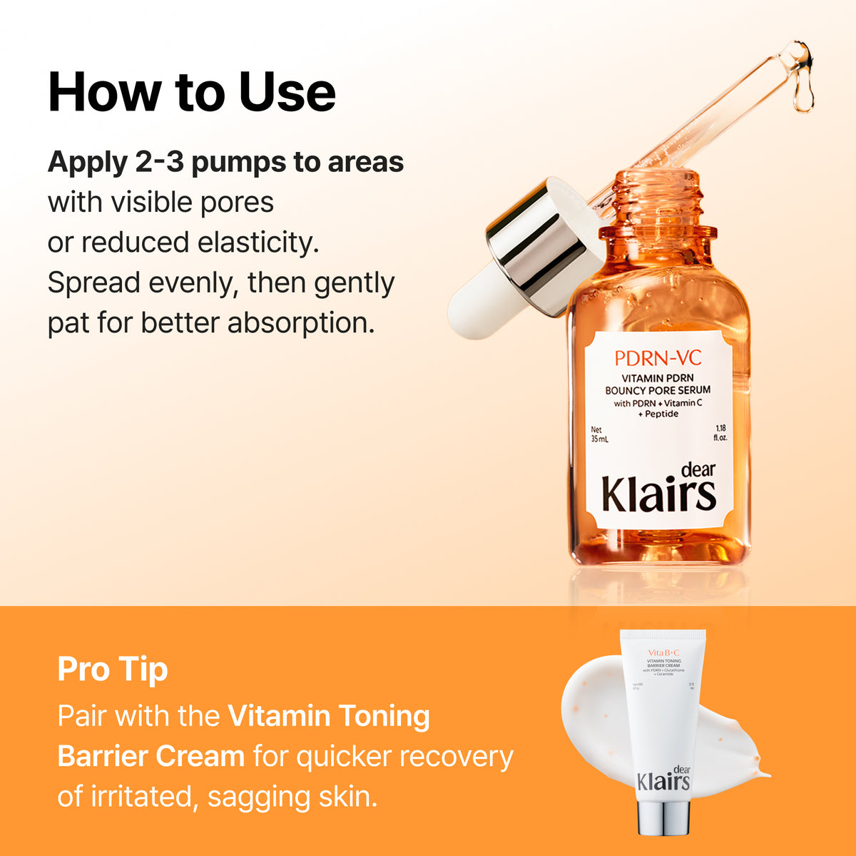 Official Klairs Vitamin PDRN Bouncy Pore Serum how to use graphic