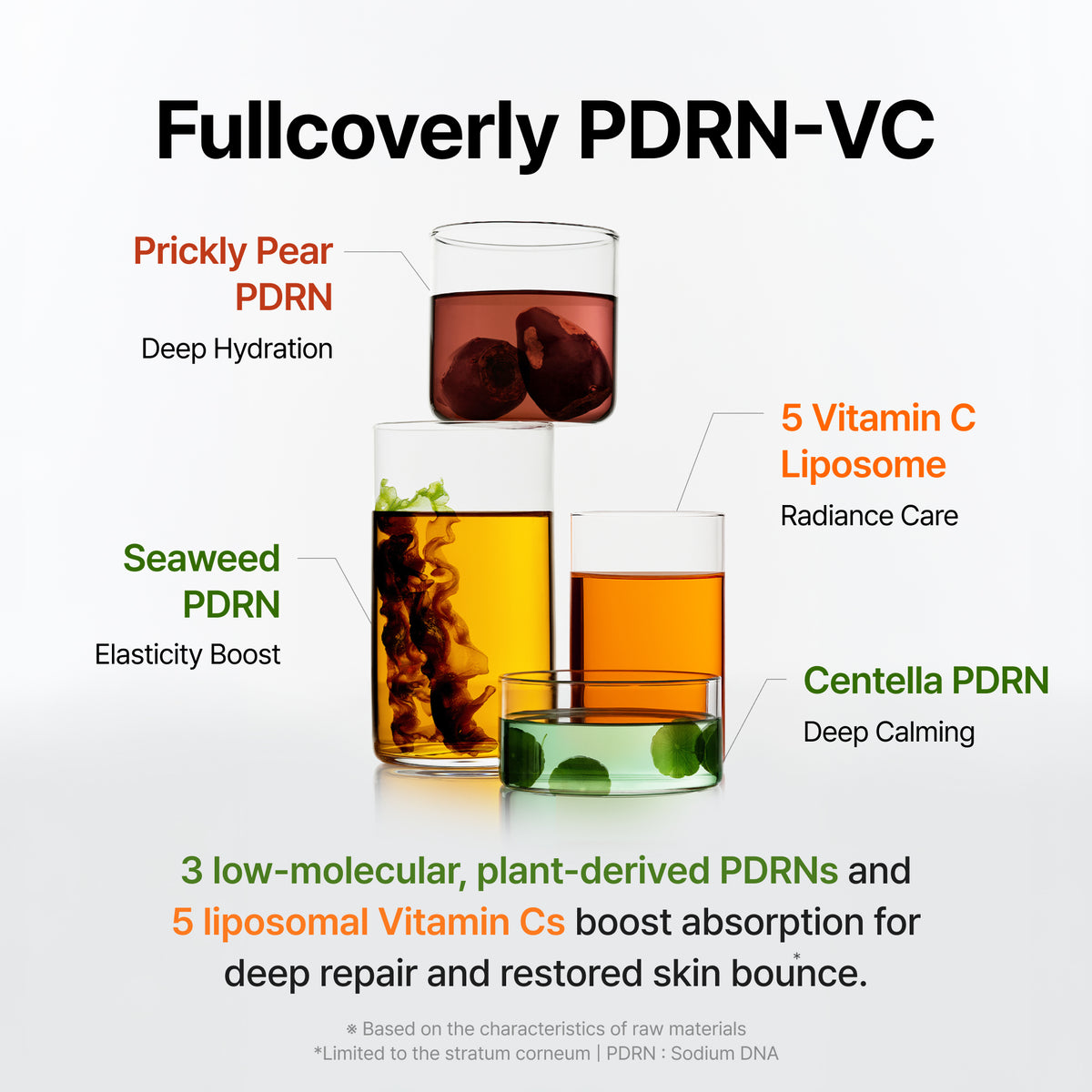 Official Klairs Fullcovery PDRN VC graphic showing prickly pear PDRN, seaweed PDRN, Centella PDRN, vitamin C liposome, and 3 low-molecular plant-derived PDRNs