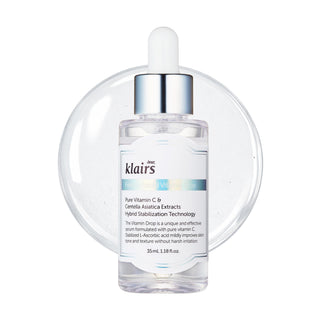 Klairs Freshly Juiced Vitamin Drop bottle inside a clear circular frame on a white background