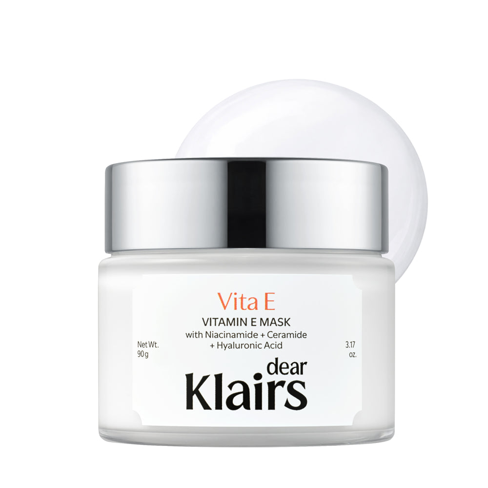 Front-facing Freshly Juiced Vitamin E Mask jar with silver lid and white cream texture accent