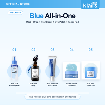 Blue All-in-One | Blue EGF Calming Mist 150ml + Blue Youth Activating Drop EGF Facial Serum 50ml + EGF Intensive Pro Cream 50g + Blue Caffeine Eye Patch + Blue Toner Pad