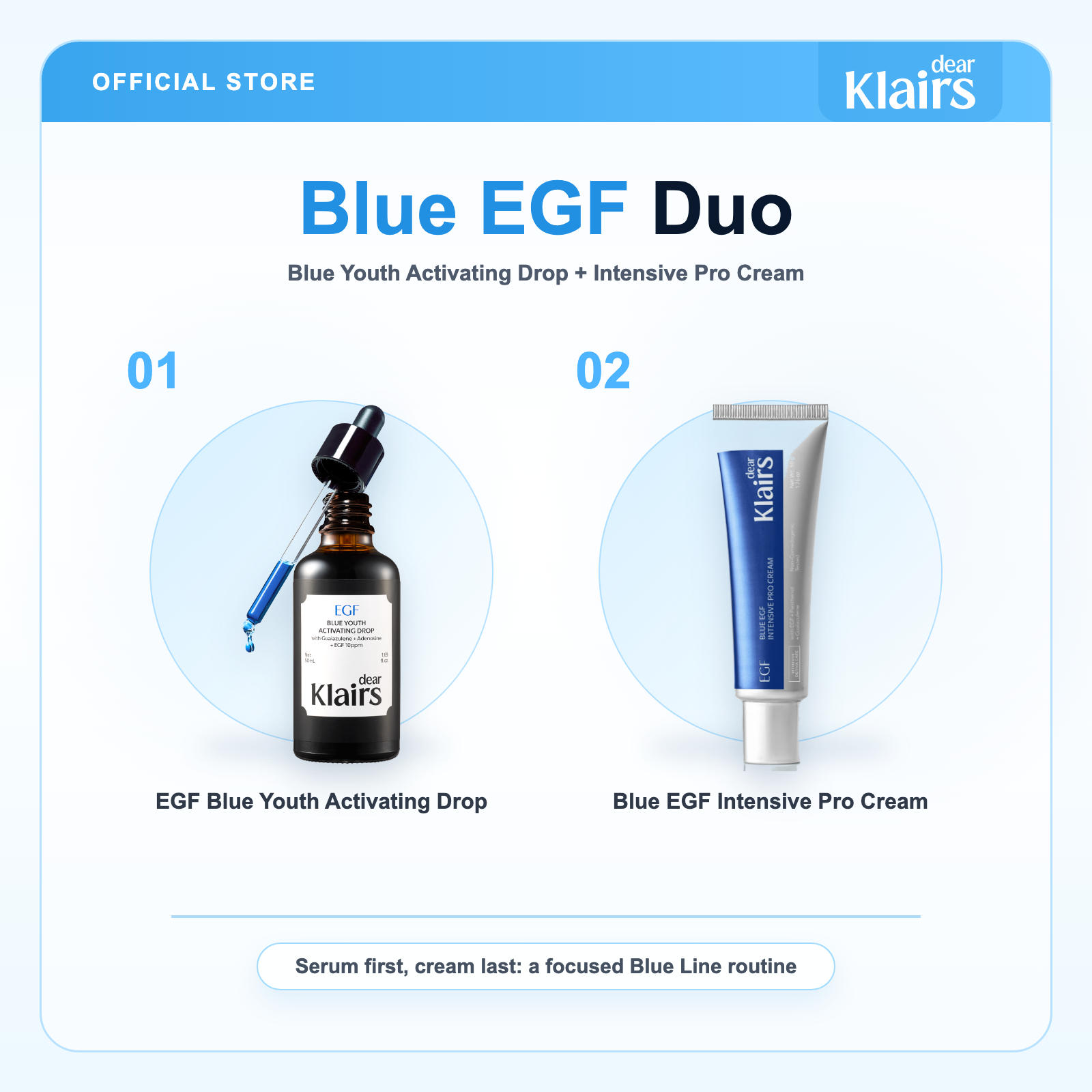 Klairs Blue EGF Duo with EGF Blue Youth Activating Drop and Blue EGF Intensive Pro Cream