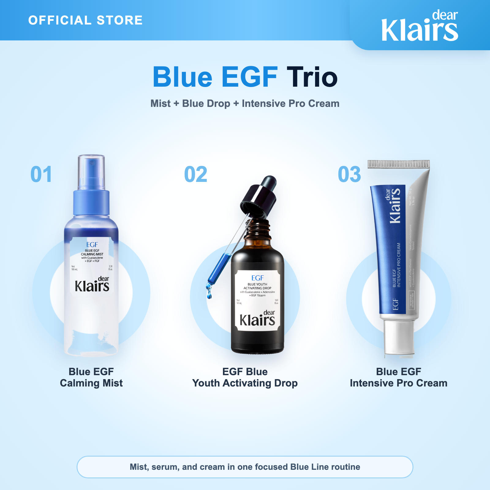 Blue EGF Trio with Blue EGF Calming Mist, EGF Blue Youth Activating Drop, and Blue EGF Intensive Pro Cream