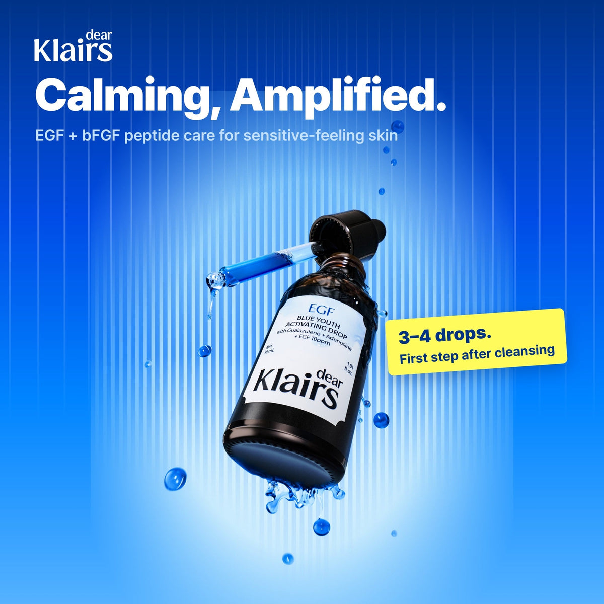 EGF Blue Youth Activating Drop — Calming, Amplified. Bottle with blue serum splash