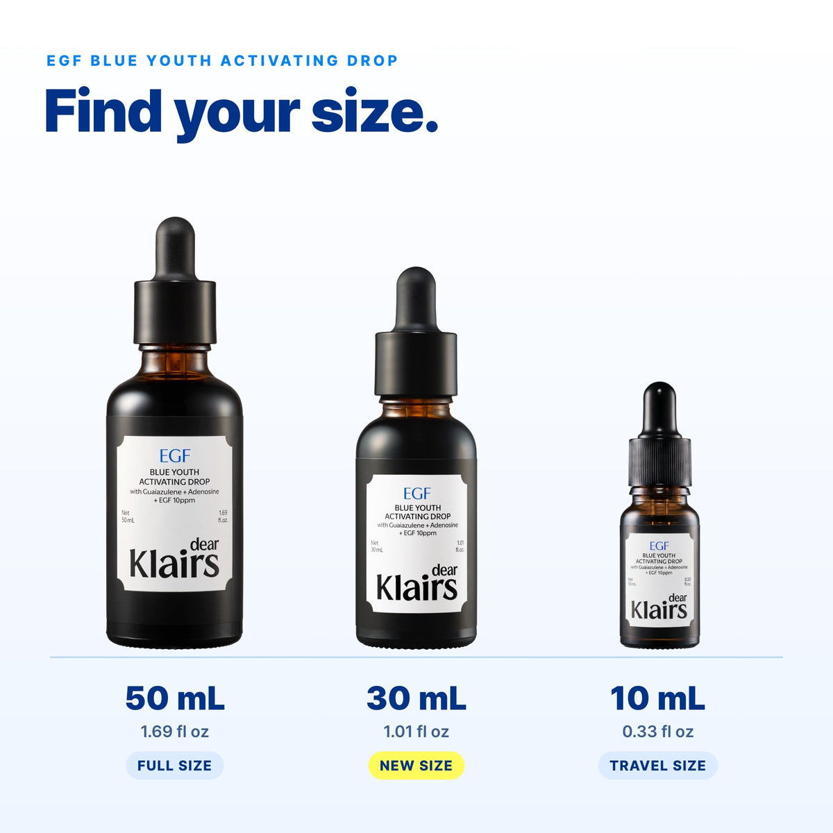 Size guide: 50 mL, 30 mL and 10 mL bottles side by side