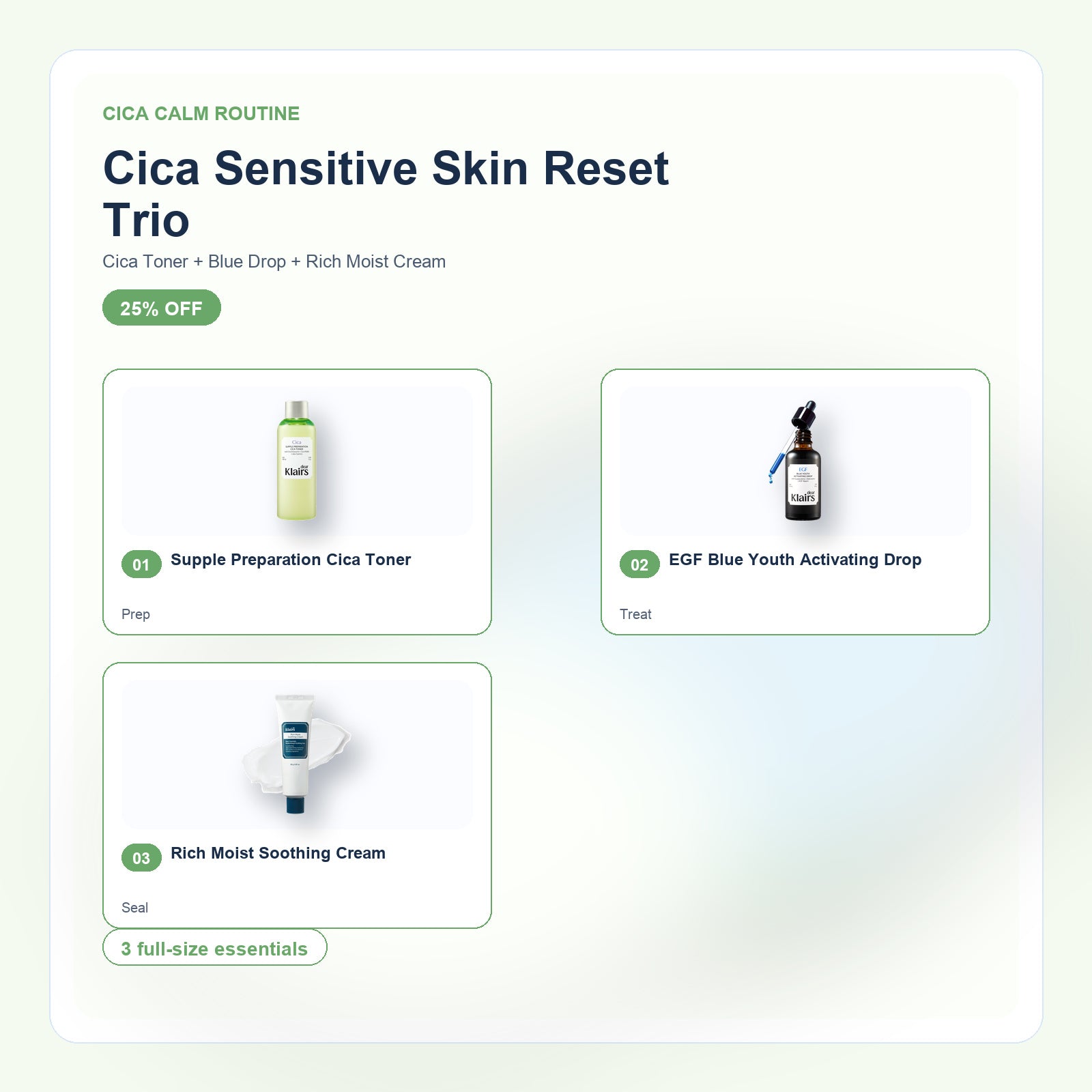 Cica Sensitive Skin Reset Trio with included Dear Klairs products