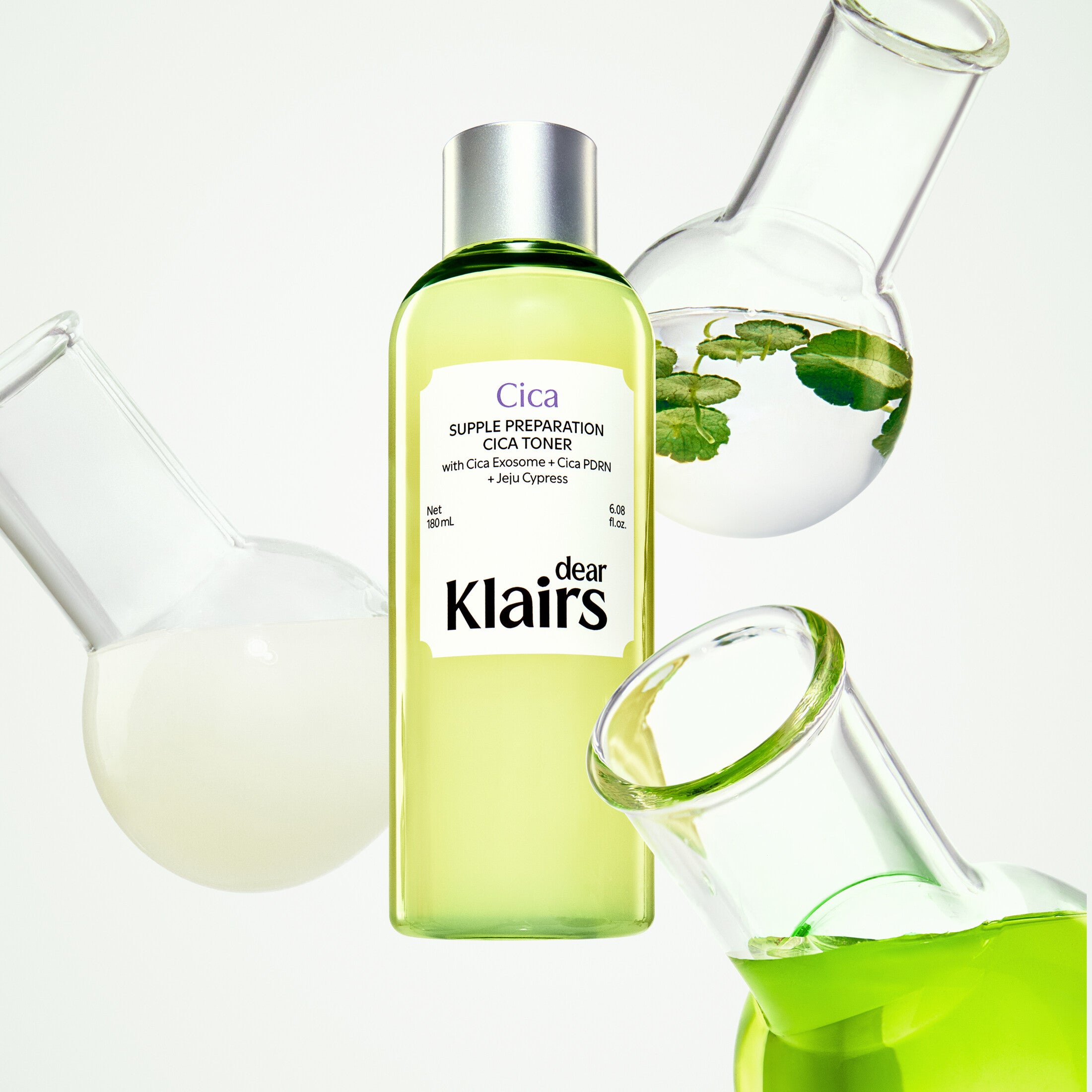 Supple Preparation Cica Toner with botanical laboratory glassware