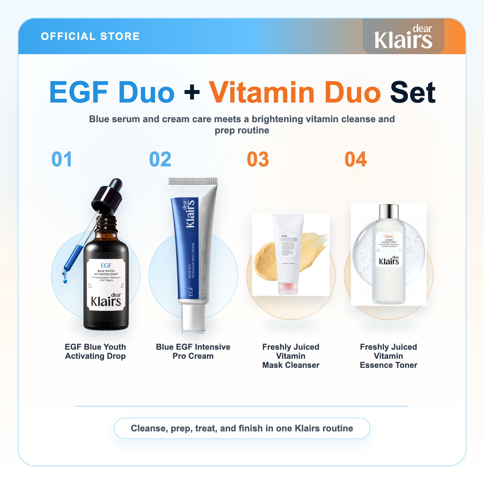 Klairs EGF Duo plus Vitamin Duo Set with Blue Drop, EGF Intensive Pro Cream, Vitamin Mask Cleanser, and Vitamin Essence Toner