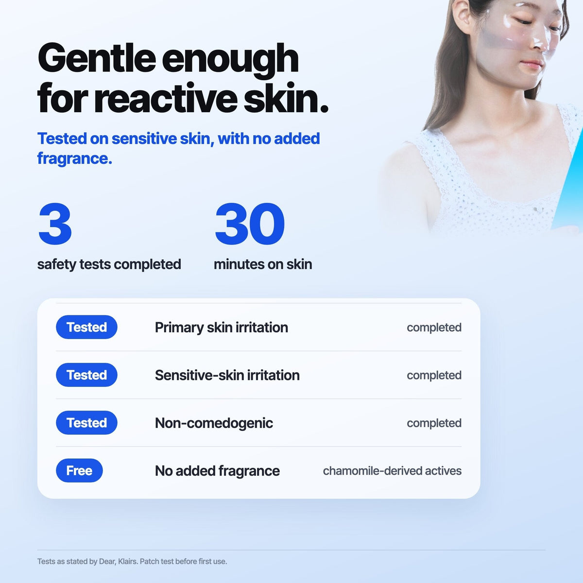 Blue EGF Calming Gel Mask: primary irritation, sensitive-skin irritation and non-comedogenic tested, no added fragrance