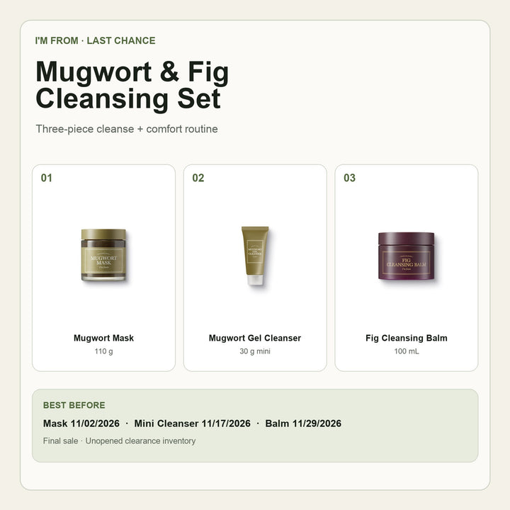 I'm From Mugwort and Fig Last Chance Cleansing Set with Mugwort Mask, Mugwort Gel Cleanser mini, and Fig Cleansing Balm