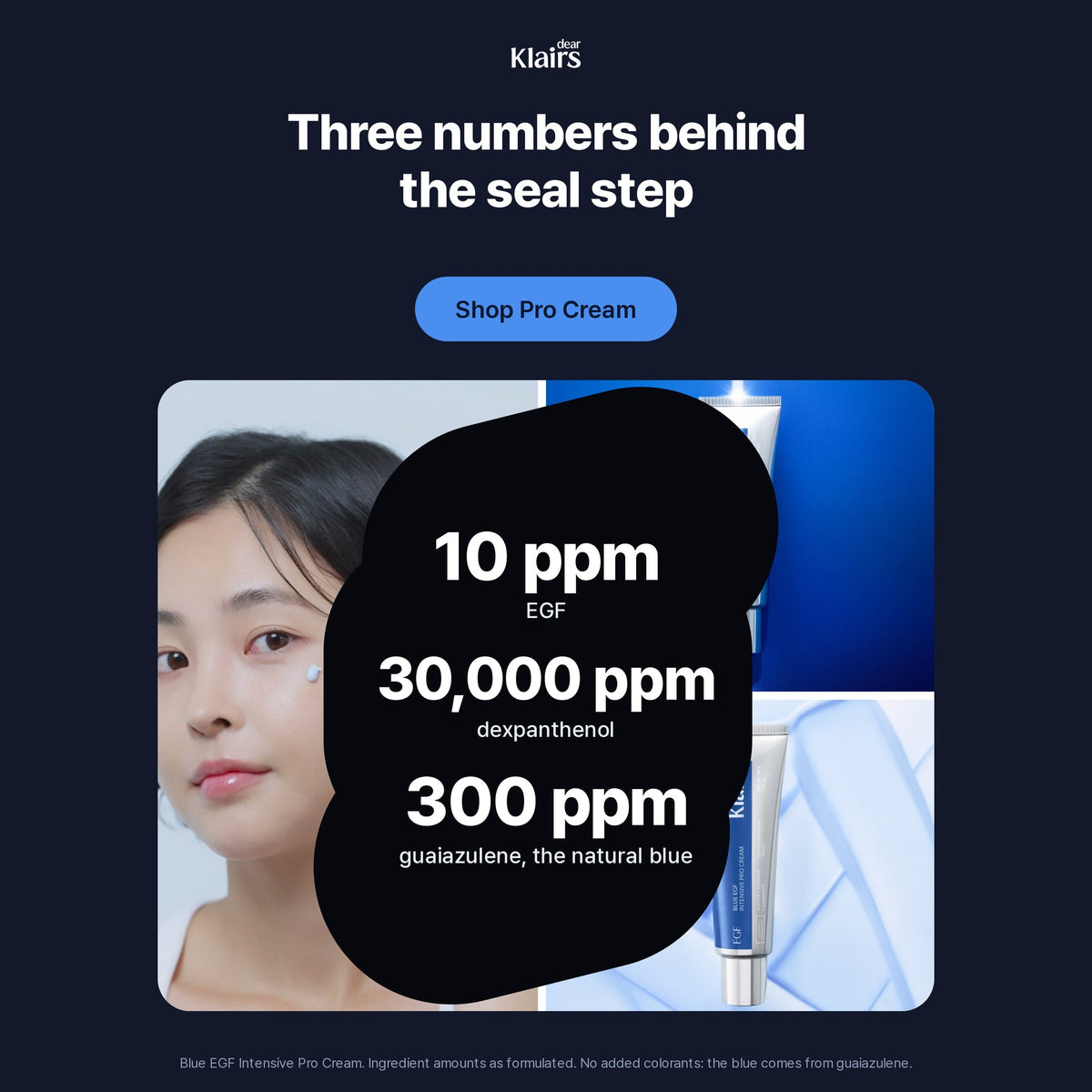 Blue EGF Intensive Pro Cream by the numbers: EGF 10 ppm, dexpanthenol 30,000 ppm, guaiazulene 300 ppm