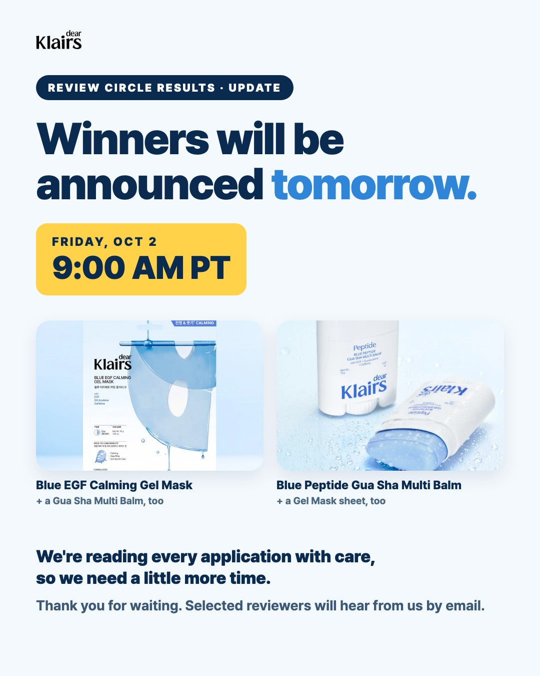 Winners will be announced Friday, Oct 2 at 9:00 AM PT